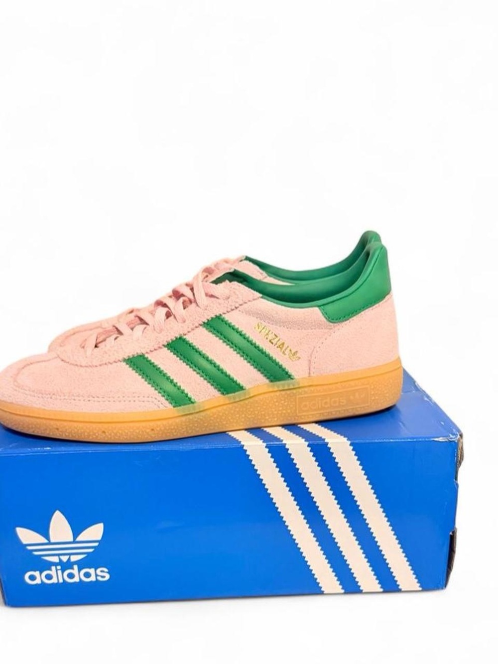 adidas spezial Pink Suede Sneakers with Green Stripes